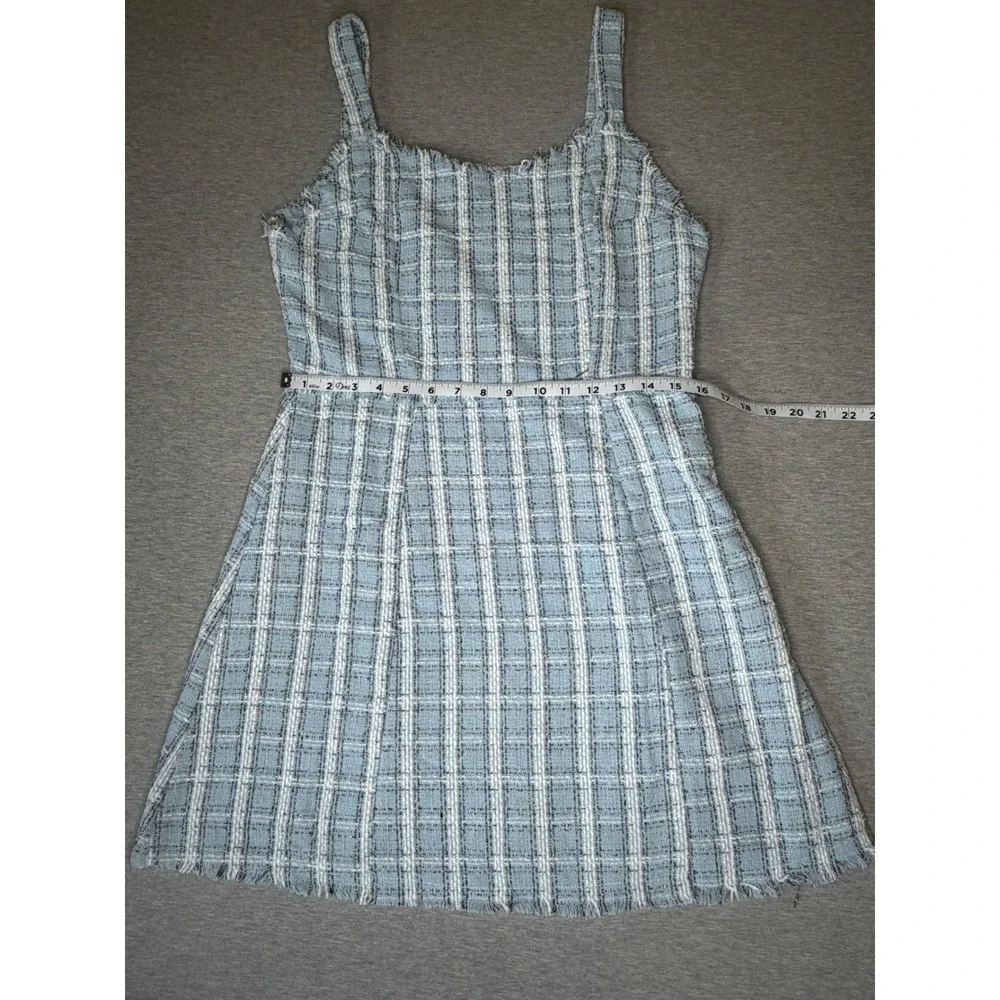 Umgee Blue Plaid Tweed Mini Dress Square Neck Frayed Raw Edge‎ Sleeveless Large